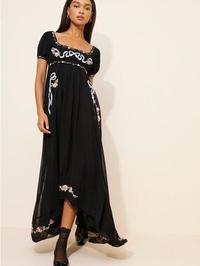 For Love and Lemons Rosemarie Black Chiffon Bow Embroidered Formal Maxi Dress S